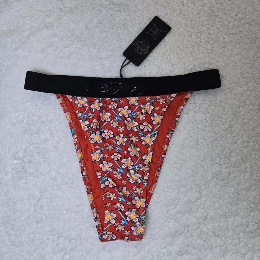 Ed Hardy Bikini Bottoms Hawaiian Floral Logo Band Y2K Medium NWT